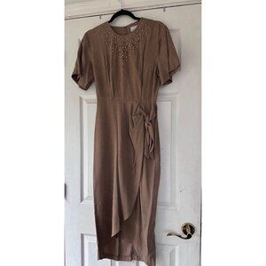 Vintage 80s Scarlett Dress 5/6 Taupe Beaded Studded Midi Made USA